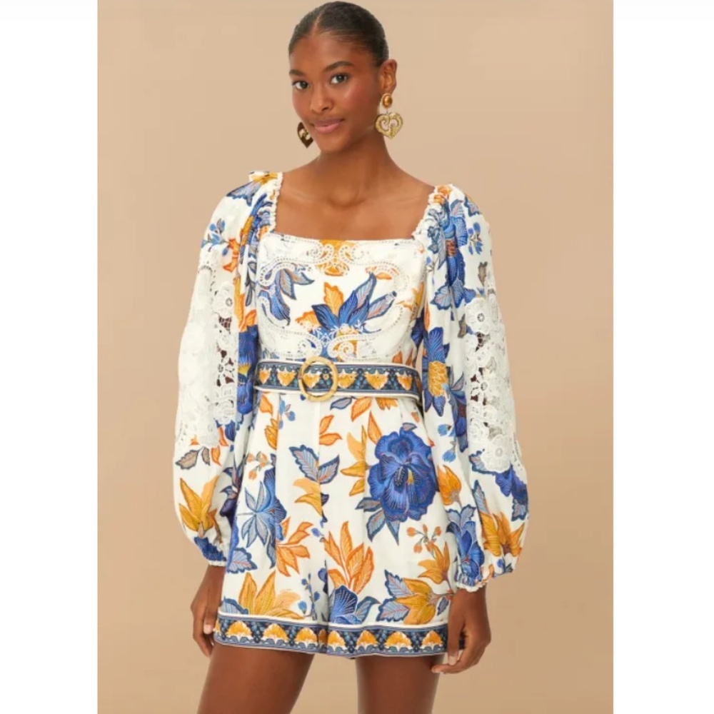 Farm Rio Lace Trim Romper Off-White Summer Flowers Small Medium Large NWT - Picture 3 of 17